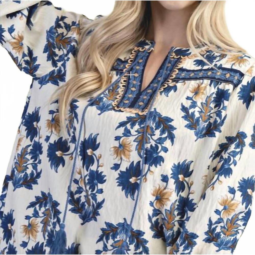 NEW GIGIO floral tassle tie neck top in blue